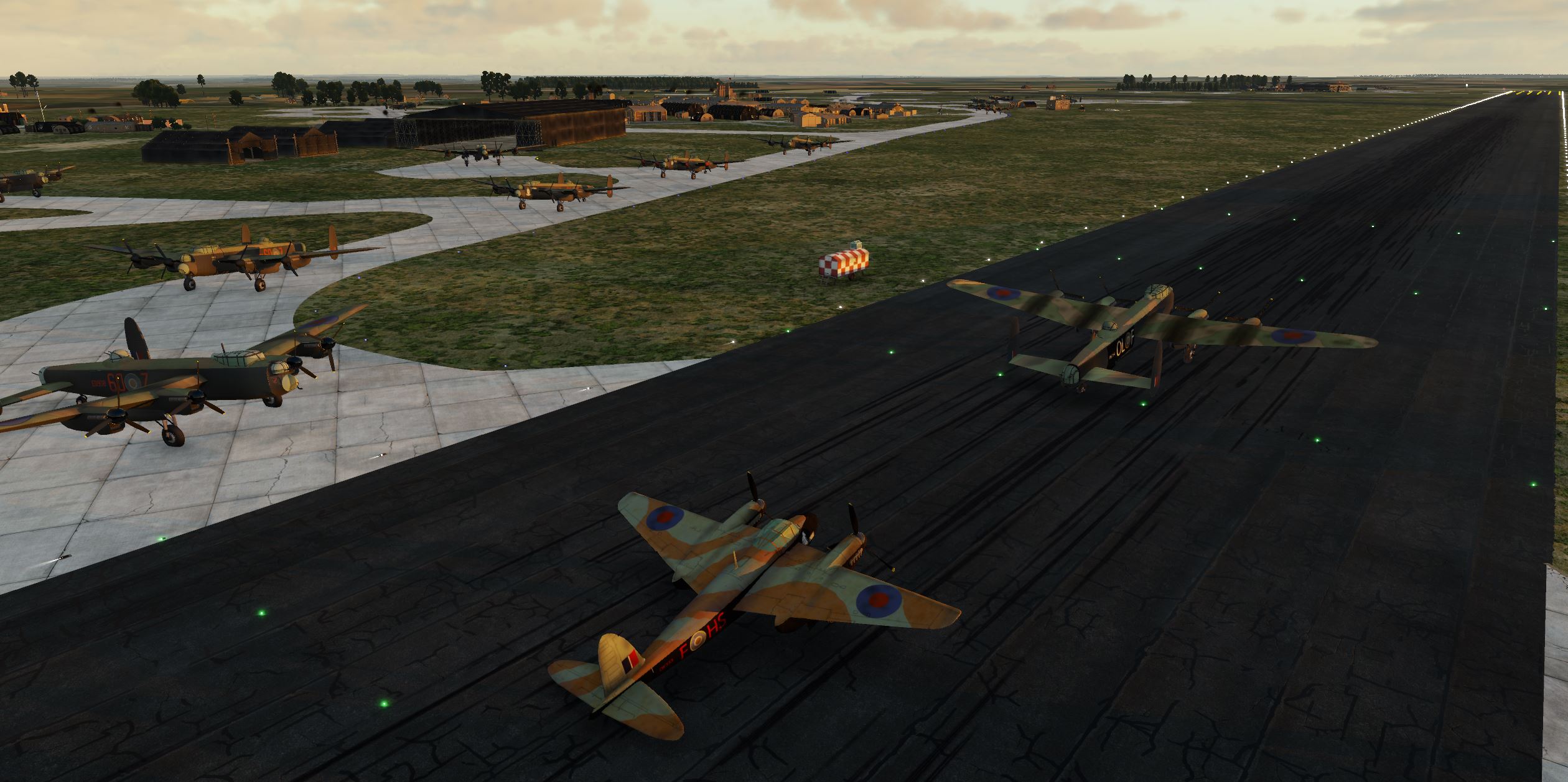 A CGI image of a wartime runway system with Lancaster Bomber aircraft.