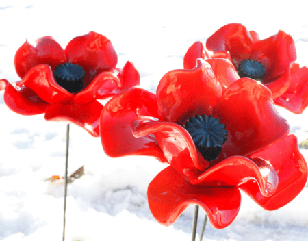 Colour photo of three ceramic poppies