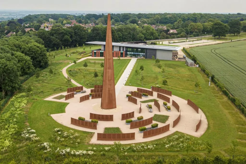 Contact us page with an overhead view of the International Bomber Command Centre including Centre, gardens and memorial